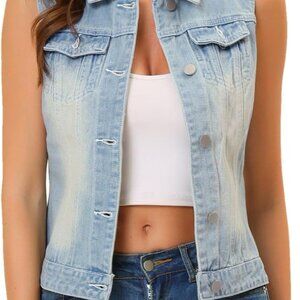 Women's Washed Denim Vest Sky Blue X-Large Button Front Sleeveless Casual